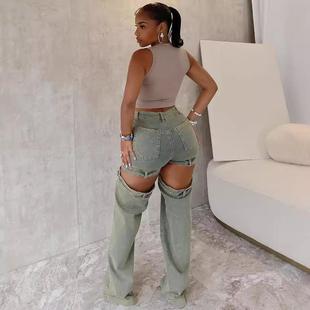 Straight Washed Jeans Fashion Hollow Street Womens