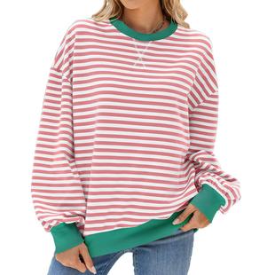 Stripe Jacket Neck Sweater Round Sleeve Loose Contrast Long