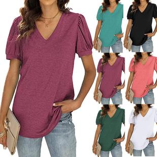loose sleeved solid color Womens short neck shirt