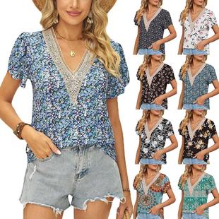 Short Lace Neck Shirt Top Floral Gold Sleeve Petals