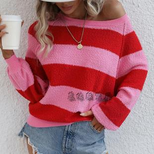 Loose Color Knitted Women Splicing Striped Winter Pullover