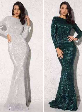 romagic women modest stretch sequin neck evening prom gown