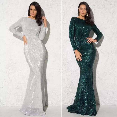 romagic women modest stretch sequin neck evening prom gown