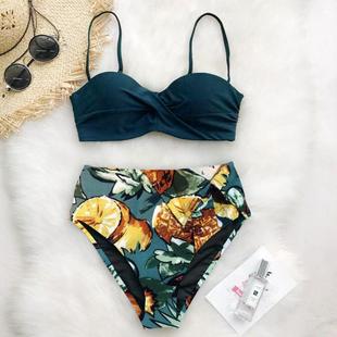 Sexy Women Tropical Plants Waist Swimsuit High Bikini
