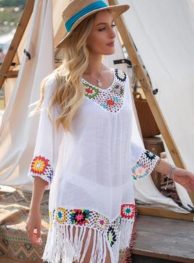 sun three-quarter crochet dress irregular beach sleeves