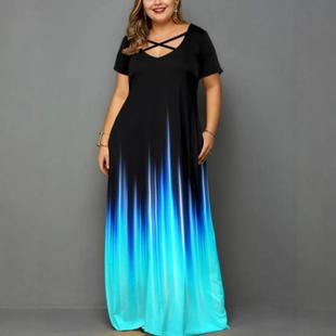 Short Skirt Flower Digital Neck Dress Womens Sleeve Plus