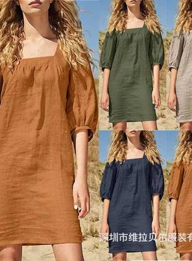 Square Neck Cotton and Linen Dress Five-point Sleeve Puff