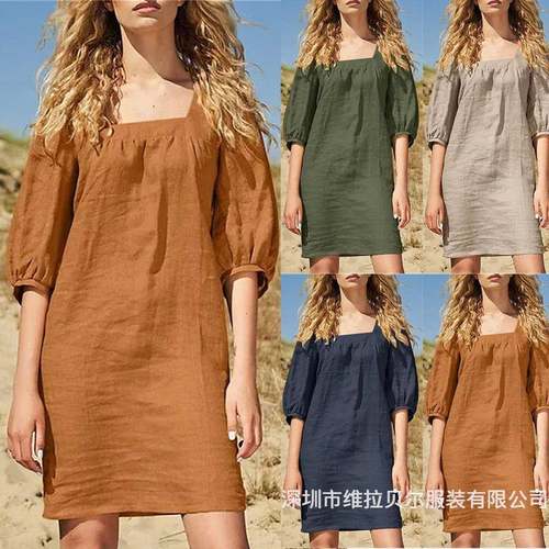 Square Neck Cotton and Linen Dress Five-point Sleeve Puff