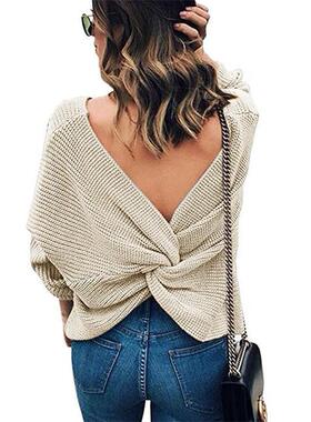 Commuter knitted sweater round neck pullover open back