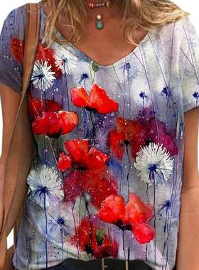 womans tshirts fashion springsummer floral printing neck