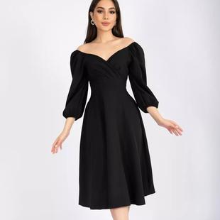Fashion neck Dress with Sleeve Puff Waisted Pockets