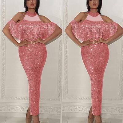 Spliced mesh slit hip dress with glittering tassels elegant