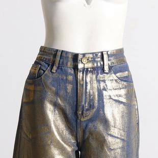 fashion gold high Retro straight street waist jeans trend
