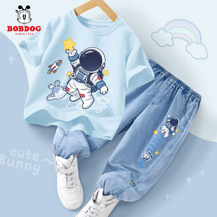 巴布豆男童夏装套装2025新款薄款炸街小男孩短袖牛仔裤儿童运动服