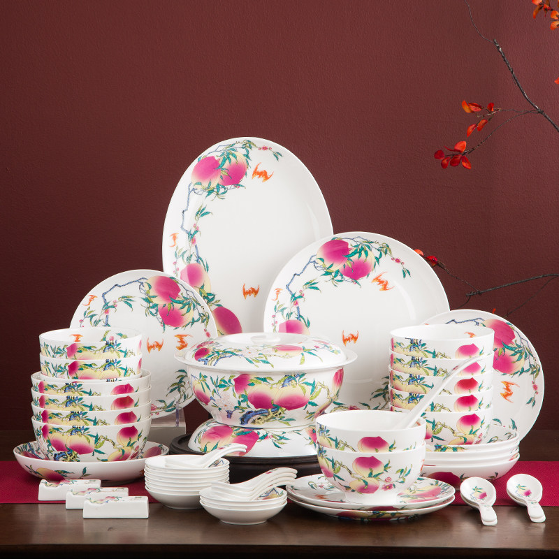 碗盘碟套装家用景德镇陶瓷器寿桃粉彩瓷餐具套装中式送礼寿碗盘