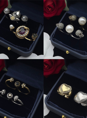 vintage麦家中古骷髅头戒指重工嘻哈巴洛克珍珠双指戒开口戒指女