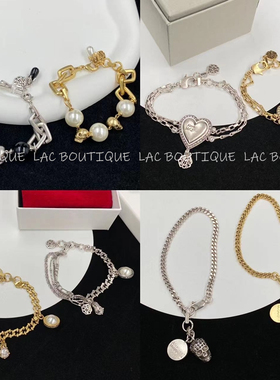 中古vintage手链巴洛克骷髅爱心钻黑白珠铜银色珍珠链条多层小众