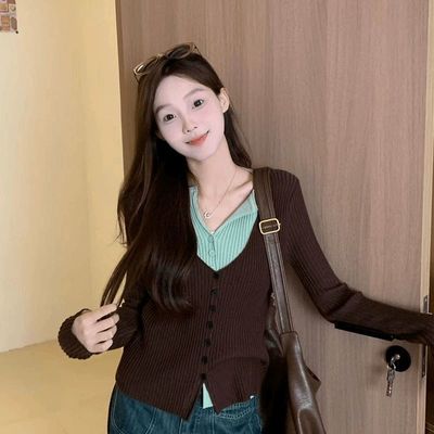 撞色假两件长袖针织衫女秋季设计感小众修身短款打底上衣内搭毛衣