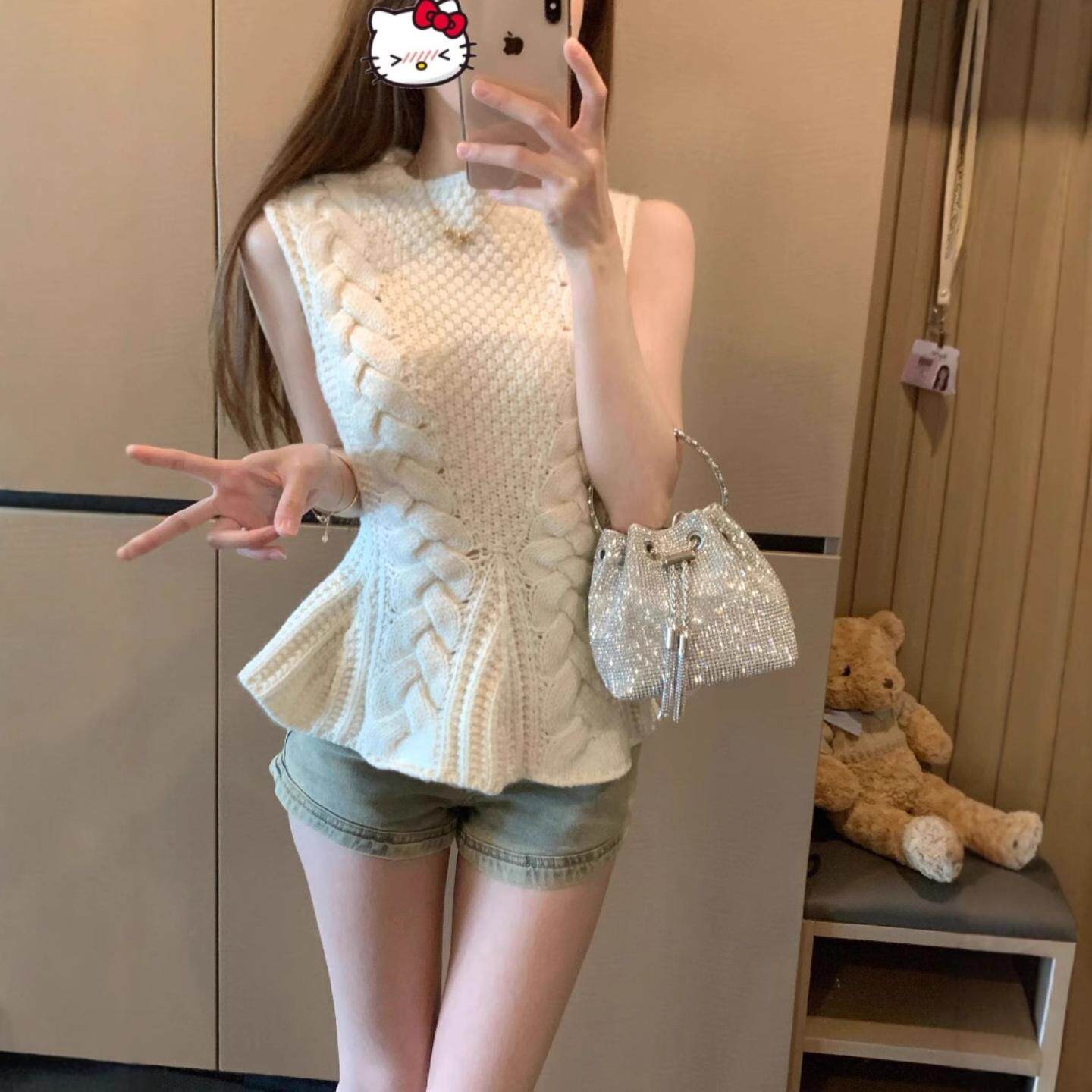 韩系杏色袖针织背心女夏季荷叶边修身内搭甜美hi短款打底上衣外穿