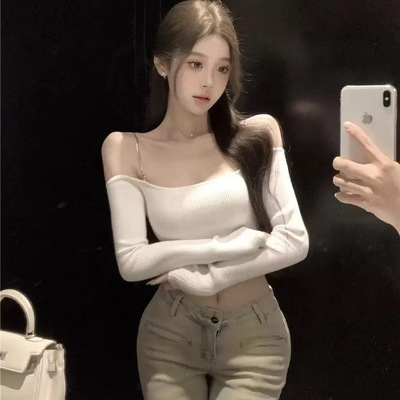 一字肩纯欲风吊带抹胸修身短款长袖T恤显瘦辣妹性感百搭上衣ins女