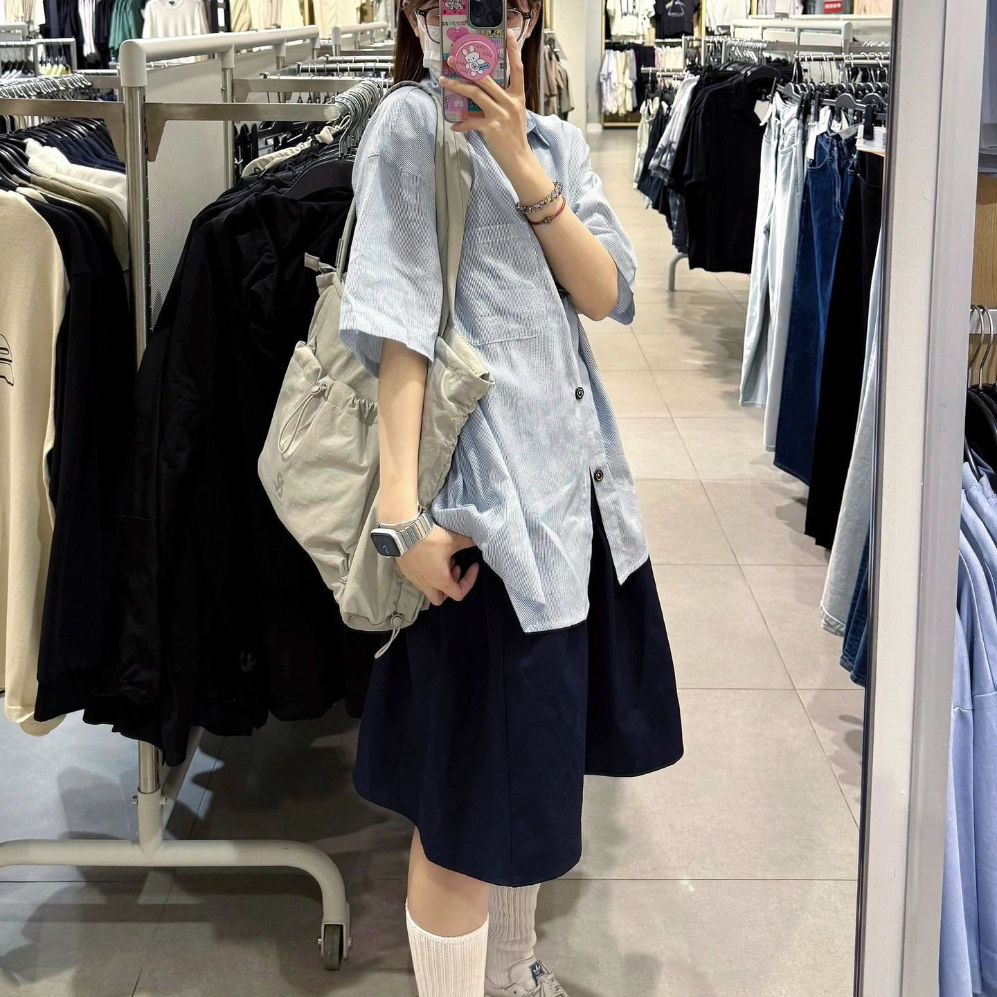 日系翻领蓝色宽松短袖衬衫女夏