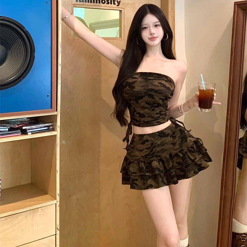 上衣裙子女两件套辣妹迷彩设计感百搭美式抹胸外穿短款美背裹胸