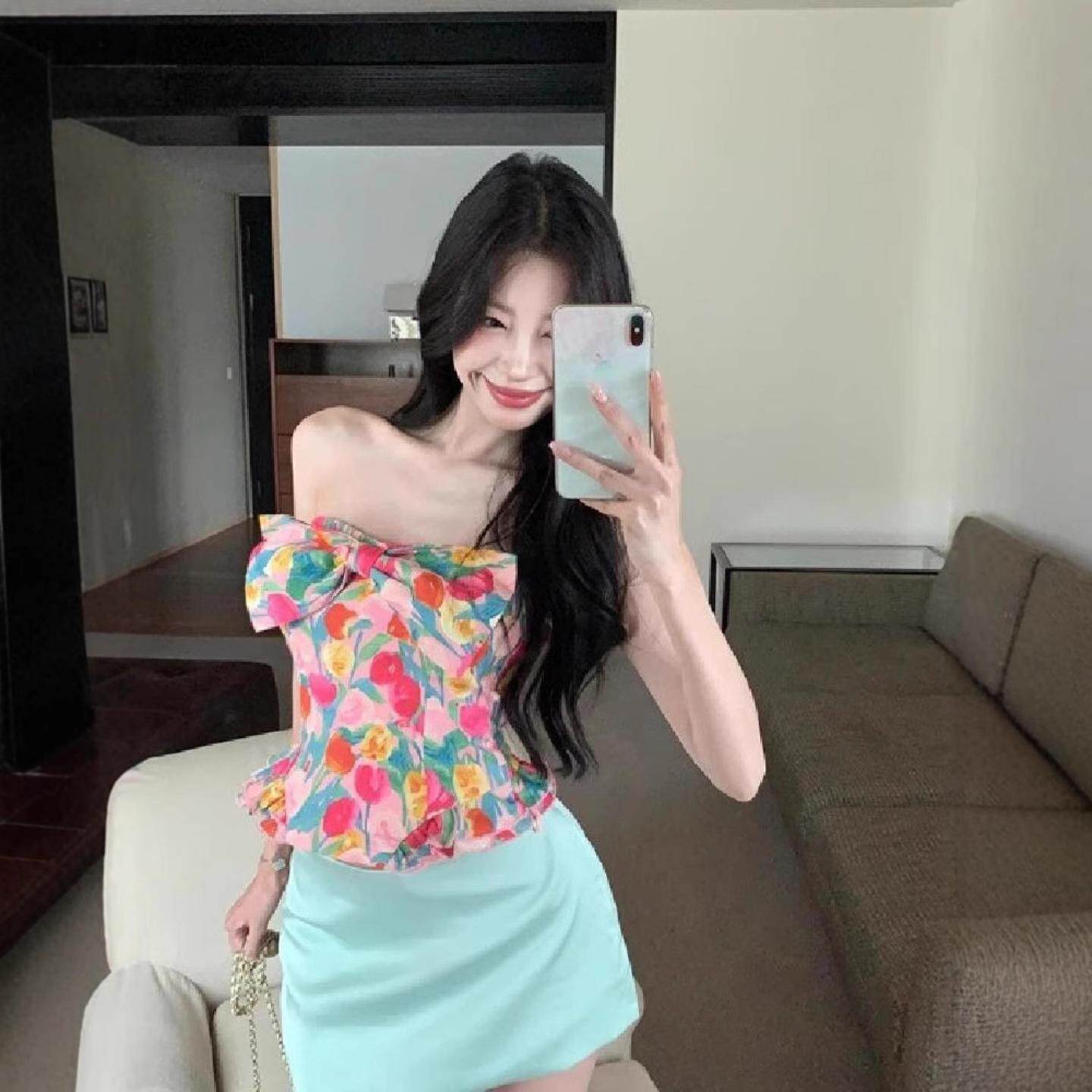 结郁金香印花抹胸背心女夏季海边穿搭甜辣妹短款露背上衣外穿常规