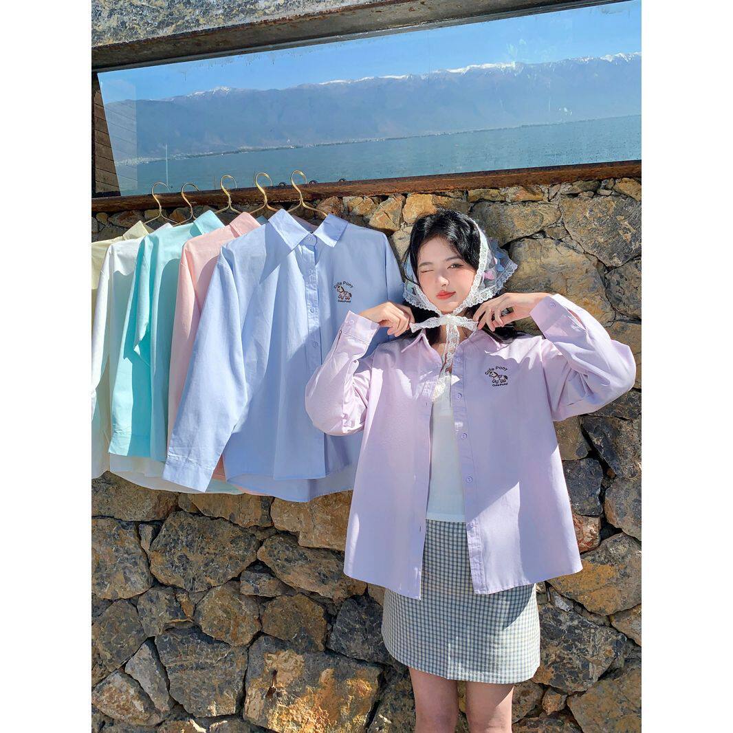 小马刺绣防晒纯棉衬衫女春夏时尚宽松松弛长袖防嗮叠穿衬衣外套