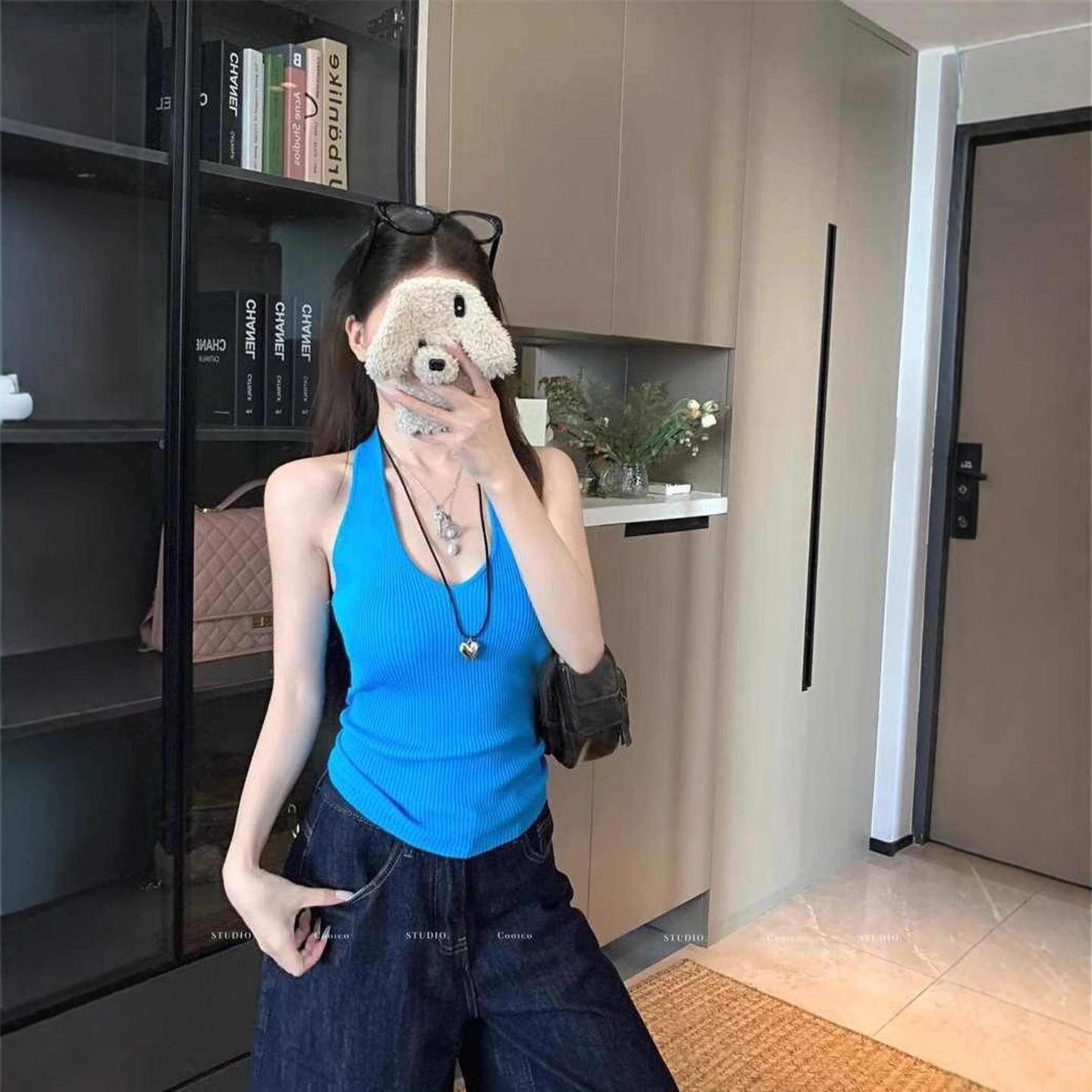 性感蓝色v领挂脖背心女夏季修身内搭辣妹风外穿短款针织上衣常规