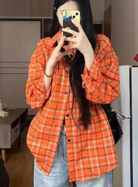 美式复古橙色格子长袖衬衫女宽松百搭休闲高街新情侣衬衣外套涤纶