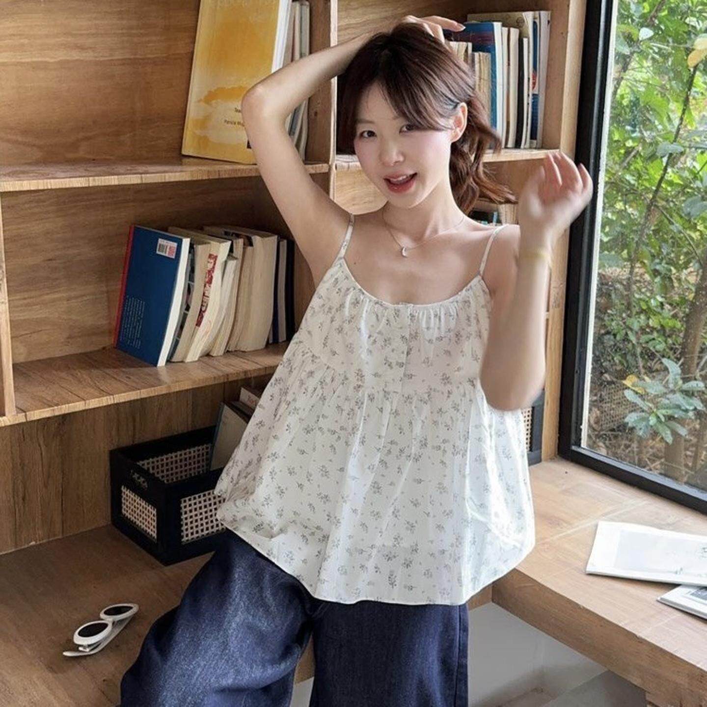 韩系甜美风减龄碎花短款吊带背心女夏季新款别致宽松袖内搭上衣
