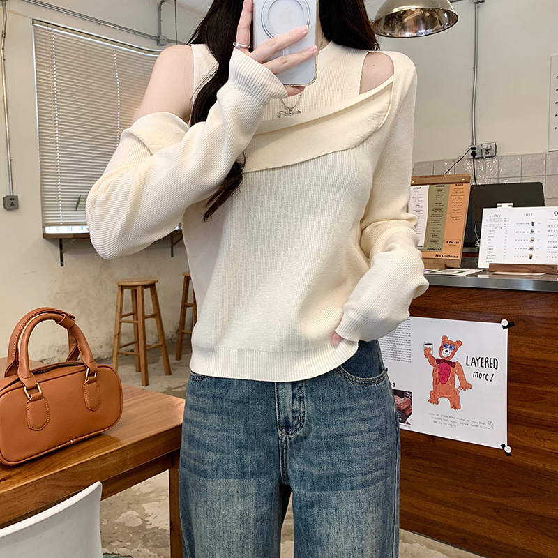 法式别致小众设计感镂空长袖针织T恤女早秋季不规则修身露肩上衣