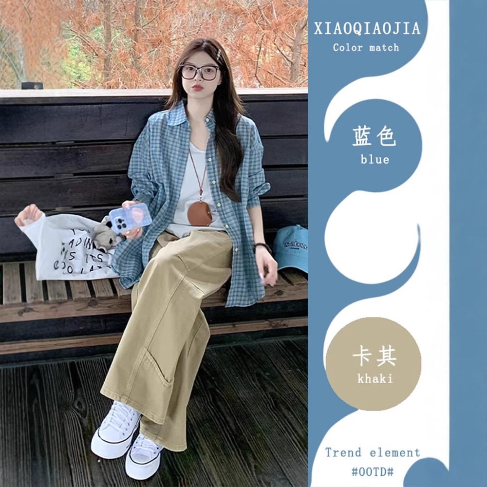 蓝色格子polo领长袖防晒衬衫女夏季薄款外搭衬衣外套百搭休闲上衣