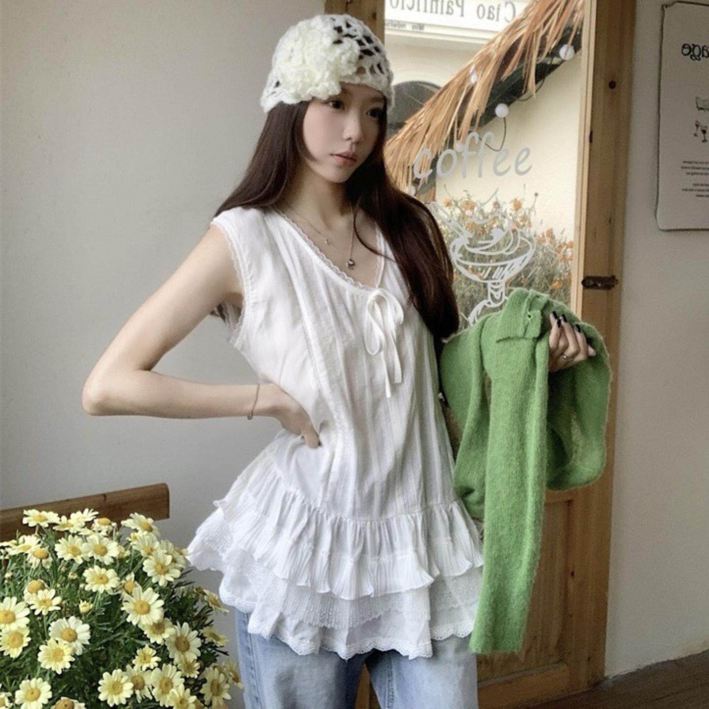 叠穿袖背心裙女春夏法式辣妹结蕾丝边吊带打底白色内搭上衣外穿