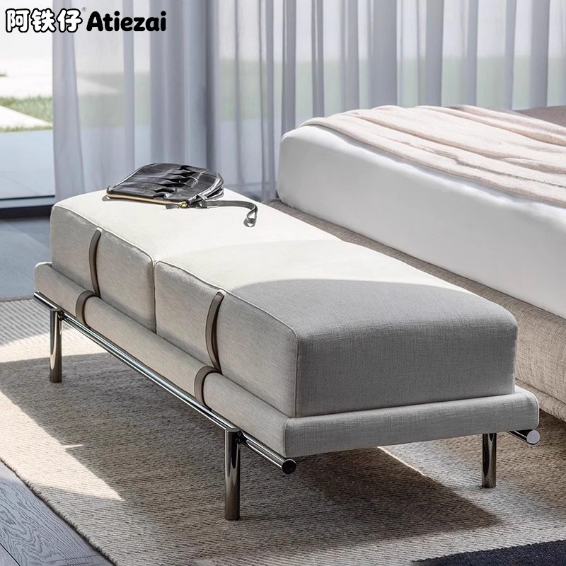 现代简约布艺换鞋凳双人位客厅卧室储物凳金属腿长条凳床尾凳直营