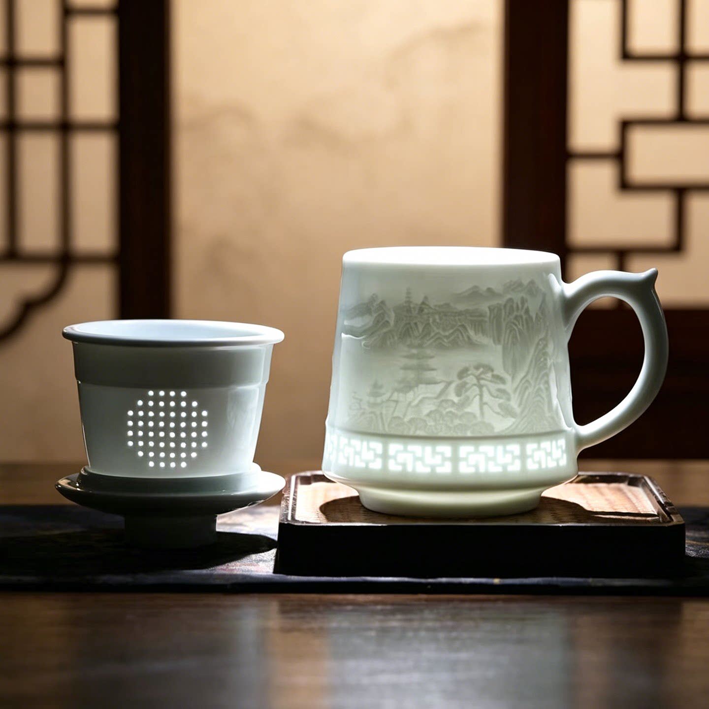 中式陶瓷随手杯生肖杯茶水分离杯玲珑瓷影青办公杯带盖轻奢马克杯