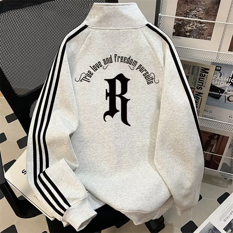 美式卫衣男2025秋冬季新款加绒加厚高街印花条纹外套半拉链上衣服