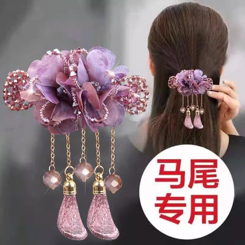 气质古风流苏弹簧夹绢纱发卡成年女后脑勺马尾夹水晶头发夹子发夹,饰品/流行首饰/时尚饰品新,发饰,淘宝优惠券,粉丝福利购,淘宝优惠卷