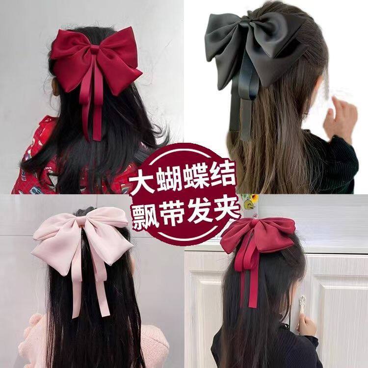 韩版缎面粉色大蝴蝶结弹簧夹发夹儿童后脑勺飘带顶夹在逃公主头饰