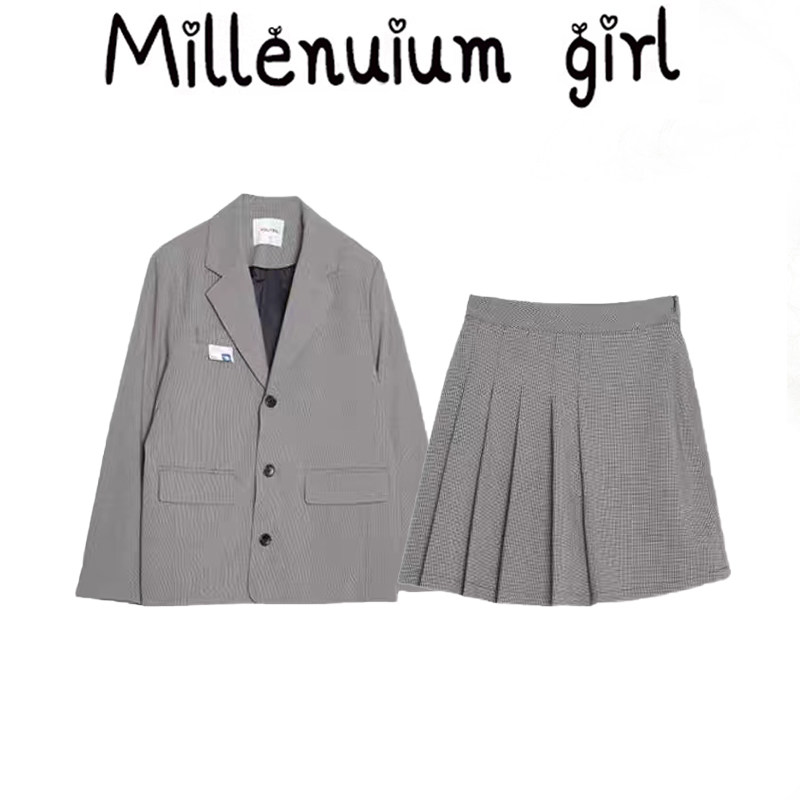 学院风时尚套装女秋季西装外套上衣+高腰显瘦A字百褶裙短裙两件套