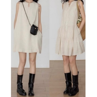 夏季慵懒度假风无袖背心连衣裙女2025新款松弛感侘寂风宽松短裙