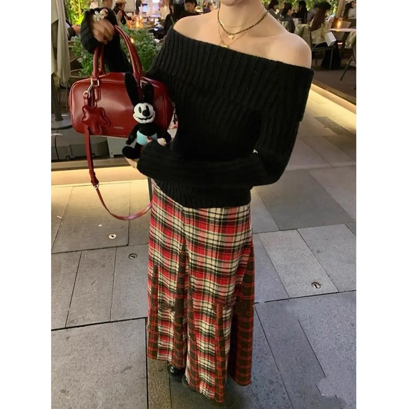 日系红色格纹工装伞裙半身裙女秋冬小众设计a字高腰拼接百褶长裙