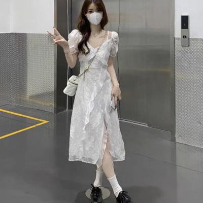 法式不规则荷叶边连衣裙女夏装女