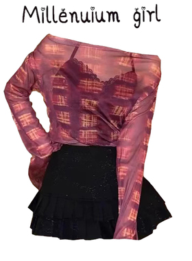 米奇米 紫色辣妹网纱上衣春季一字领木耳包边内搭打底衫长袖T恤