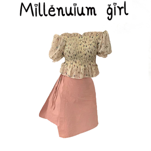 一字肩碎花雪纺衬衫女夏法式设计感小众别致洋气超仙甜美短款上衣