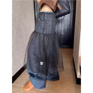 秋季蕾丝网纱波点荷叶边松紧腰叠穿通透感小众屁帘半身裙