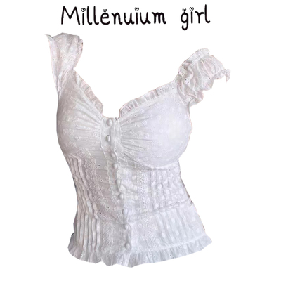 复古钩花排扣短袖修身显瘦上衣