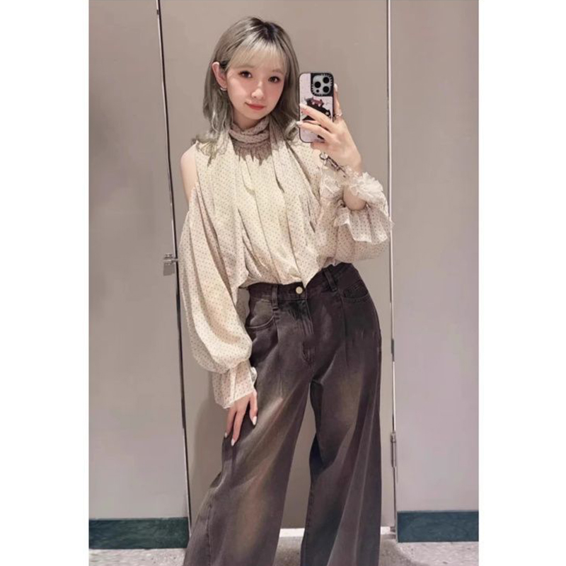 百搭露肩蝴蝶结系带长袖雪纺上衣