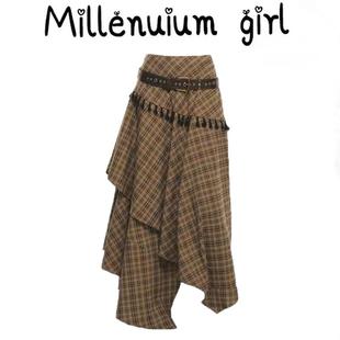 冬季高级感独特超好看小个子咖色不规则格子半身长裙女2025年新款