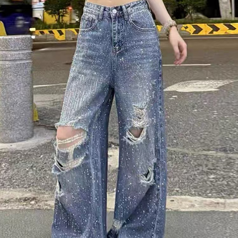 满天星烫钻破洞直筒牛仔裤女2025年夏装高腰显瘦阔腿宽松拖地长裤